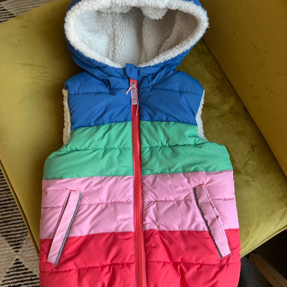 Mini Boden Multicolor Puffer Vest with Sherpa Hood - Picture 8 of 13